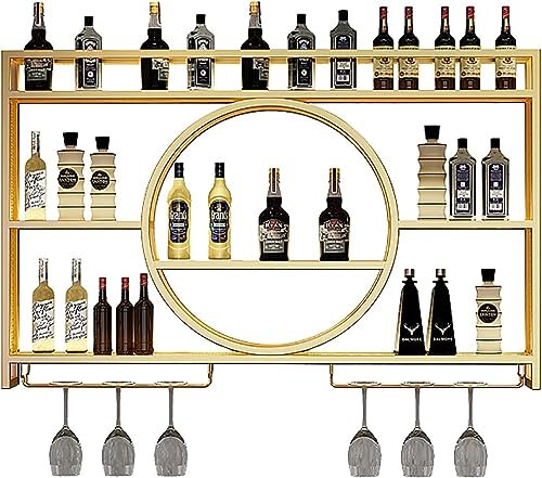 Modern Metal Wall Mounted Wine Display Rack, Hanging Industrial Round Wine Racks, Bar Unit Floating Shelves, Glass Rack Iron Display Stand for Home, Restaurant, Bars (Gold,140x15x80cm/55x5.9x31in)