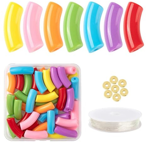 Craftdady Lot de 72 grosses perles tubulaires incurvées extensibles - Cordons élastiques pour bijoux - Couleur arc-en-ciel