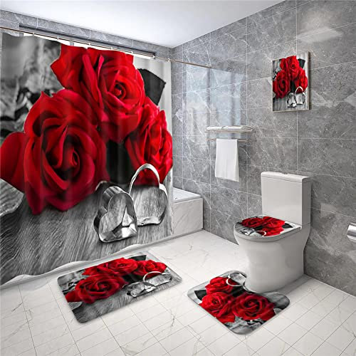 Bullpiano Ensemble de rideaux de douche 4 pièces avec tapis antidérapant, housse d'abattant de toilette et tapis de bain, ensemble de décoration de salle de bain pour la Saint-Valentin, motif cœur