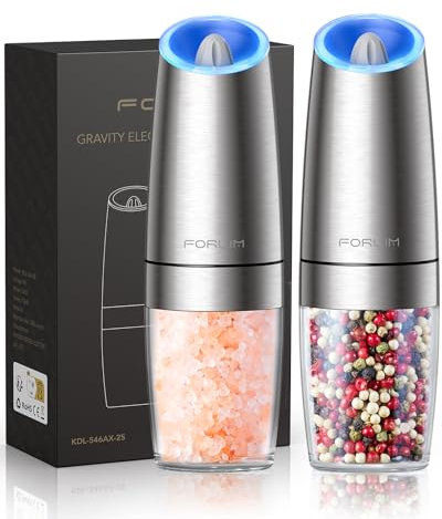 FORLIM Elektrische Salzmühle und Pfeffermühle, 6 Oz Kapazität, batteriebetriebene Ein-Hand-Automatik Schwerkraft, Einstellbare Grobheit, mit LED-Licht, 2 Pack, Edelstahl(Silber)