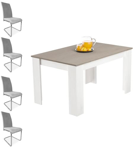 Homey - Pack Mesa de Comedor Extensible, Modelo Queen, Color Andersen Pino - Gris + 4 Sillas Tapizadas Acabadas en Marengo, Modelo Skadi, con Patas Cromadas