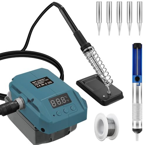 URUN Set saldatore a batteria per Makita da 18 V, 60 W, LCD, temperatura regolabile 180 – 480 °C, saldatore cordless con ventosa | 20 g di filo per saldatore, per Makita 18 V batteria (senza batteria)