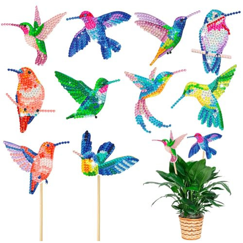 Starnearby 8 Pcs Kolibri Diamond Painting Kits, Diamond Painting Gartenstecker, Kolibri Stakes Diamant Kunst Set, Diamant Painting Basteln Ornaments für Garten Dekor Zubehör