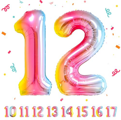 Geburtstag zahlen luftballon 12 jahre | Regenbogen Folienballon 12 XXL -Riesen Folienballon in 40 - 101cm Geburtstagsdeko - Ballon Zahl Deko zum Geburtstag .Fliegt mit Helium
