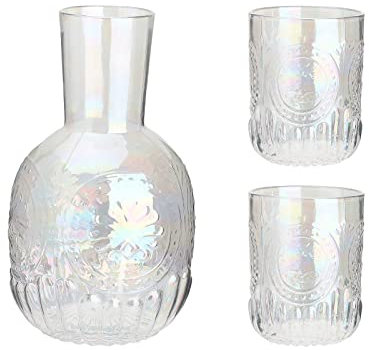 Carafe à eau en verre, carafe à eau de chevet et ensemble de verres, carafe en verre de table de nuit vintage de 1300 ml (45 oz) avec 2 tasses, bouteille de rince-bouche en verre (Color : Multicolor