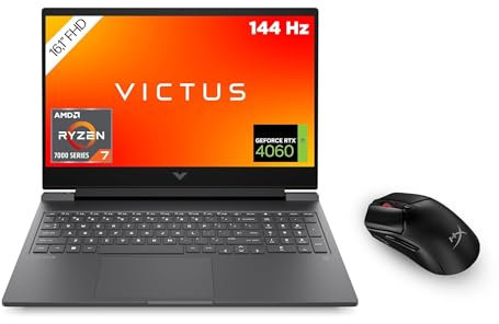 HP Victus Gaming Laptop | 16,1 FHD 144 Hz Display | AMD Ryzen 7-7840HS | 16 GB DDR5 | 512 GB SSD | NVIDIA GeForce RTX 4060 | Windows 11 | QWERTZ | Schwarz | HyperX Pulsefire Haste 2 Wireless Black