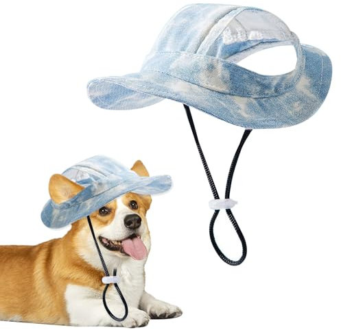 Modisch Hund Baseballmütze, Sonnenschutz Hundemütze für Hund, Verstellbare Baseballmütze für Haustiere, Hunde-Sonnenhut mit Ohrlöcher, Hund Baseballmütze für Kleine Hunde, Welpen, Katzen (M-Blau)
