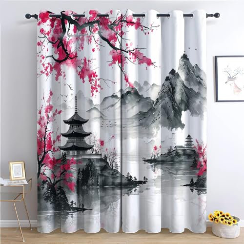 Vorhang Blickdicht Thermovorhang Japanischer Kirschblüten-Tuschemalereistil Muster Vorhänge Geräuschreduzierung Dekoration für Wohnzimmer Fenster Traditionelle orientalische Ästhetik 160 x 70 cm