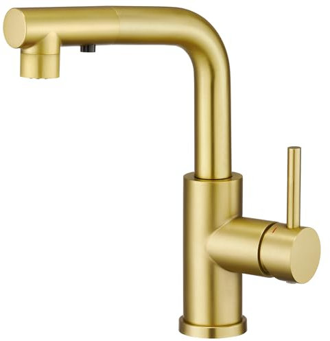 CREA Wasserhahn Küche mit 3 Funktionen Brause, Küchenarmatur mit Ausziehbarem Brause, 360° Drehbar Mischbatterie Küche, Spültischarmatur Küche,Gebürstetes Gold