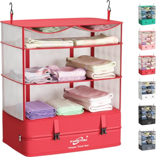FANCYOU Koffer Organizer Hängende Verpackung Würfel Tragbare Schrank Regale Kompressive Reisegepäck Essentials 30x44x65cm 3 Regale & 1 Schrank Ausdehnbare Organizer Nylon Verpackungstaschen (Rot)