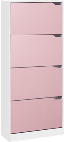 BAKAJI Scarpiera Portascarpe in Legno MDF con 4 Ante Porta Scarpe a Ribalta Maniglie a Scomparsa Doppia Profondità Dimensioni Compatte Slim 63 x 24 x 150 cm Salvaspazio Ingresso Casa (Rosa e Bianco)