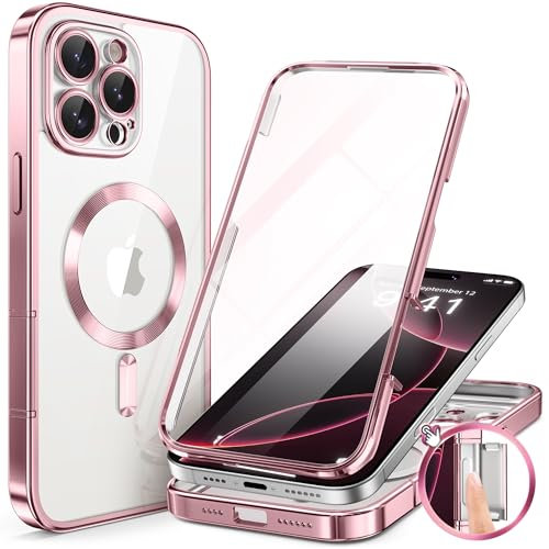 BERFY Magnetic for iPhone 16 Pro Case, Compatible with Magsafe, Built-in 9H Tempered Glass Screen Protector & Upgraded Camera Protection, Full-Body Plating Shockproof Phone Case for 16 Pro 6.3, Pink