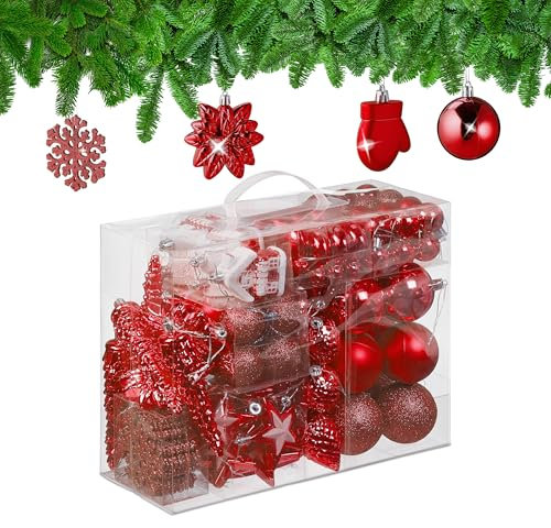 Relaxdays Palline di Natale, Set 100 Addobbi Natalizi, Palle Opache, Lucide, Glitter, 10 Design Diversi, Plastica, Rosso