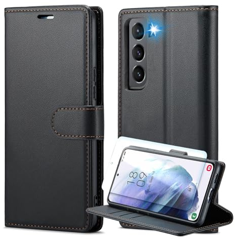 for Samsung Galaxy S21 Case and Screen Protectors with RFID Blocking Credit Card Holder, PU Leather Folio Flip Kickstand Protective Shockproof Women Men for Samsung S21 Wallet Phone Case (Black)