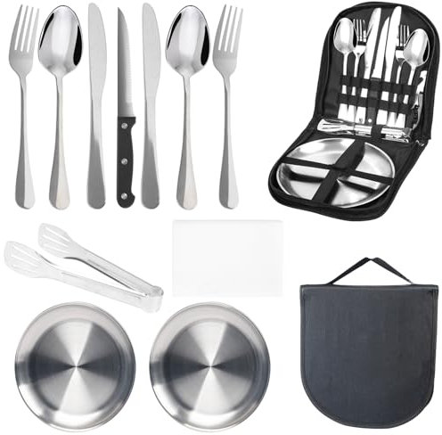14 Pcs camping plate set,camping plates and bowls set for 2,stainless camping cutlery,Including portable cutlery bag- Ideal for road trips, picnics, and camping adventures,reusable
