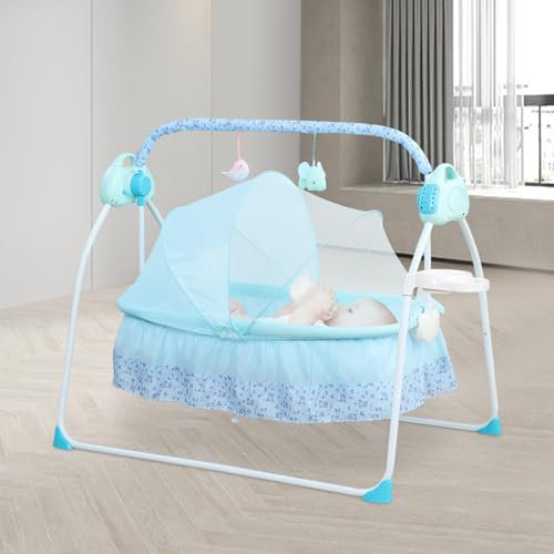 DSYOGX Elektrische Babyschaukel Babywiege mit 5 Geschwindigkeitseinstellungen und 12 Musik Bluetooth Baby Wippe für 0-18 Monate, 0-25kg Tragfähigkeit, Blau