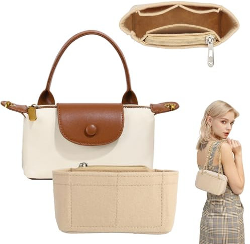 JIANGZHIB Handtaschen Organizer, Geldbörsen-Organizer für Longchamp, Beige Kleine Taschenorganizer, Filz Organizer Tasche mit Mehreren Taschen für Mini-Größe, Innenbeutel, Handtaschen, Organizer