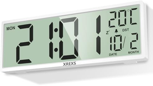 XREXS 14.5'' Large Digital Wall Clock, Battery Operated, Auto DST/Day/Date/Alarm/Temperature, Large Digital Clock for Living Room, Bedroom, Desk Decor