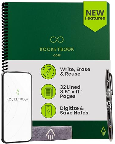 Rocketbook New Core wiederverwendbares Spiralnotizbuch, Briefgröße, 21,6 x 27,9 cm, grün – linierte Seiten, App-verbunden, löschbar, robuster Einband, ideal für Schule, Arbeit und kreative Projekte