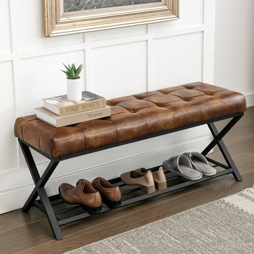 LUE BONA Schuhbank,Schuhbank mit Sitzfläche,Schuhschrank mit Sitzbank und Leder Gepolstertem,Sitzbank Flur mit Metallrahmen für Eingangsbereich,Wohnzimmer,Flur,113 x 38 x 46 cm,Gelblich Braun