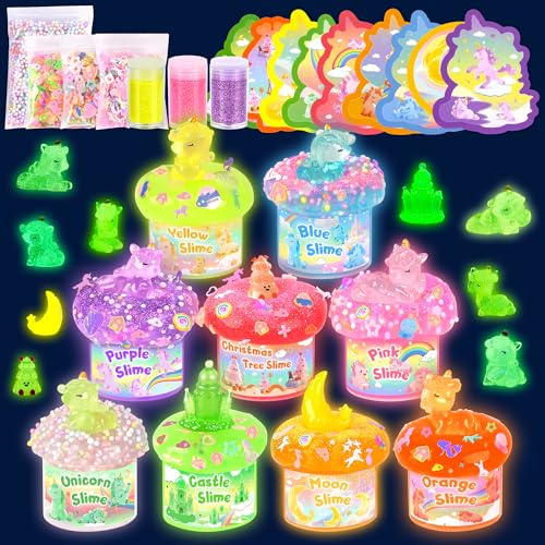 Einhorn Leuchtender Slime Kit 9er Pack, mit Leuchtanhängern, DIY Regenbogen-Schleim-Set für Kinder, Leucht-Party-Geschenke für Jungen & Mädchen, Ostern, Halloween