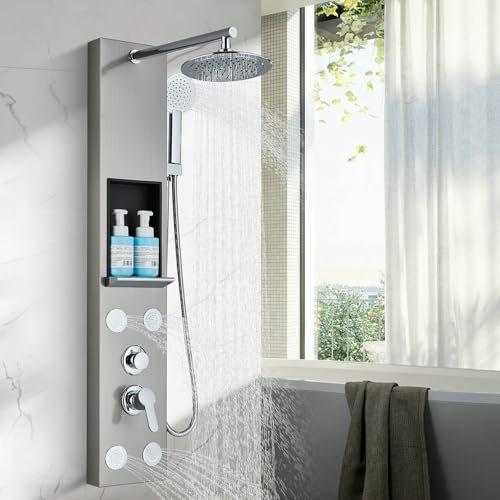 Pannello doccia a colonna con getto a pioggia, getto massaggiante, doccetta e beccuccio per vasca da bagno, in acciaio inox 304, finitura spazzolata