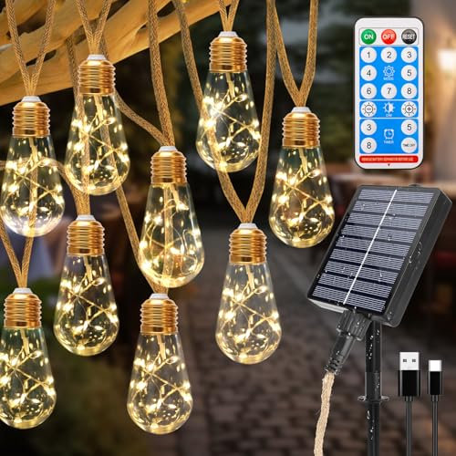 Coomoors Guirnaldas Luces Exterior Solar, Cadena de Luces Solares Exterior 8 M 16 Bombillas, IP65 Impermeable 8 Modos Guirnalda Solar Placa Cadena para Pabellón,Jardín,Terraza,Patio