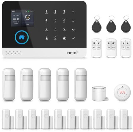 PGST Alarme Maison sans Fil DIY 24 pièces-4G/WiFi/GSM Alarme Maison et écran LCD 2,4 Pouces,10 Capteurs de Porte/fenêtre + 5 Détecteurs de Mouvement, Alarme 120 DB，Compatible Tuya/Smart Life/Alexa