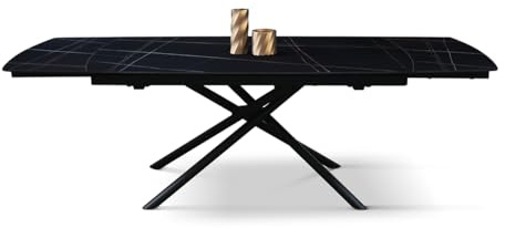 PAZZO DESIGN Table extensible Alfio, plateau en céramique noir Sahara, pieds en métal tubulaires noirs, cuisine/salon, 160 x 90 x h75 cm - id_2214