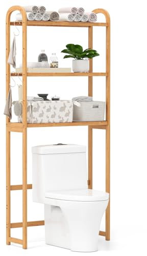 COSTWAY Over Toilet Storage Unit, 3-Tier Bamboo Bathroom Shelf Space Saver with 5-Position Shelves, 3 Hooks & Adjustable Bottom Bar, Freestanding Tall Above The Toilet Rack Organizer, Natural