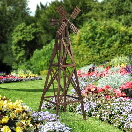VINGLI Wood Wind Spinner, Sturdy Cross-Braced Windmill for All Weather, Outdoor Wind Mill for Garden, Patio, Lawn Decoration (Carbonized)
