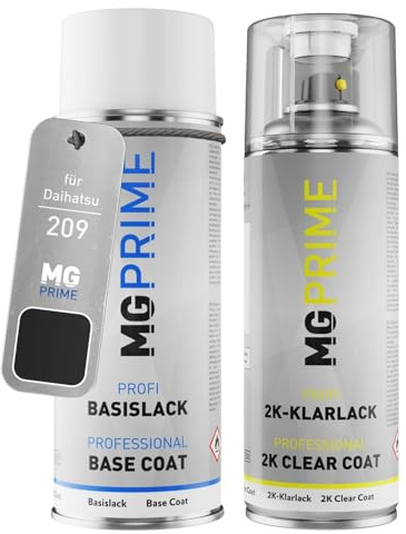 MG PRIME Autolack 2K Spraydosen Set für Daihatsu 209 Black Mica/Schwarz Perleffekt Basislack 2 Komponenten Klarlack Sprühdose