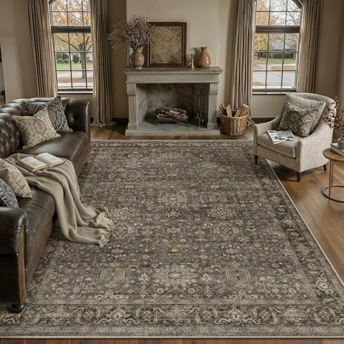 PureCozy Vintage Teppich Wohnzimmer 200x300cm Braun Schlafzimmer | Wohnzimmerteppich Waschbarer Carpet,Weich Rutschfest Teppiche,Esszimmer Büro Kurzflor Groß Tepich Carpets Rug