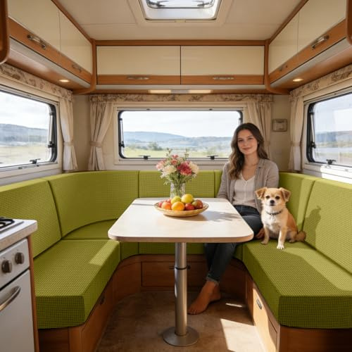 SYLC Bezüge Für Wohnwagenpolster Jacquard, rutschfeste Wohnmobil Sitzbezüge Mit 2 Cord, Sofa Sitzkissenbezug Für Schonbezug Wohnwagen Polster (Beangreen,Breite 100-120 cm, Tiefe 40-50 cm)
