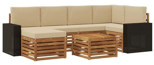 vidaXL Ecksofa Set mit Kissen 7 pcs Natur und Beige Massivholz Akazie, Outdoorsofa, modernes Ecksofa-Set, Bequeme Gartenlounge, Terrassenplatz zum Entspannen