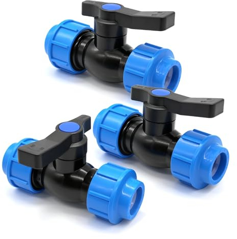 Lurtgex® 3 Stück 25mm PP Rohr Kugelhahn Set | PP-Fitting Kunststoff Klemmverbinder 2 Wege Klemmverschraubung für 25mm PE Rohr (Blau)