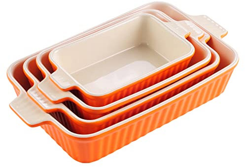 MALACASA Série BAKE, Lot de 4 Plats à Four en Céramique Blanc, 3020ml, 2080ml, 1480ml, 850ml, Plats à Gratin avec Poignées, Passe au Lave-vaisselle, Idéaux pour Cuisson et Gratin - Orange