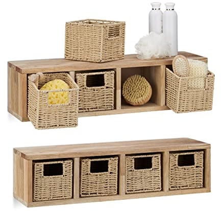 2 x Wandregal Walnuss groß im Set, Regalsystem, je 4 Körbe herausnehmbar, insgesamt 8 Fächer, für Bad, Küche oder Wohnzimmer, Natur
