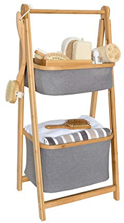 ZRI Bamboo Korbregal Klappregal Allzweckregal Badregal Bambus faltbar mit Stoffkörbe Ablage (2 Tier)