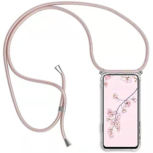 HongMan Handykette Handyhülle für Xiaomi Redmi Note 8 Pro mit Band - Transparent Handy-Kette Handy Hülle mit Kordel zum Umhängen Handyanhänger Halsband Lanyard Case - Roségold