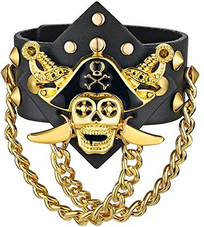 JewelryWe Herren Breit Lederarmband Totenkopf: Gotik Punk Fluch der Karibik Kapitän Piraten Schädel Kette Leder Manschette Armband Armreif für Männer Schwarz Gold