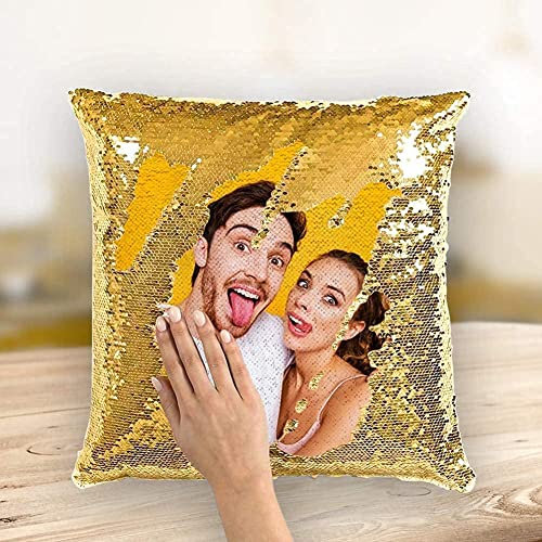 Kissenbezug Pailette Personalisiert mit Foto Kissenülle mit Eigenem Bild Bedrucken Wendepailletten Dekoration auf dem Auto Sofa Bett Büro Geburtstag Weinachten Geschenk für Kinder Familie Freunde