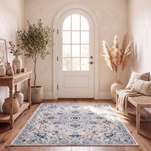 SAFAVIEH Boho Teppich für Wohnzimmer, Esszimmer, Schlafzimmer - Madison Collection, Kurzer Flor, Elfenbein und Hellblau, 160 X 230 cm