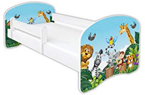 Clamaro 'Schlummerland' Kinderbett 80x160 (bis 150kg belastbar) mit Motiv, Rausfallschutz, Kantenschutz, Matratze und Lattenrost | Jugendbett Weiß | Motiv: 01 Dschungel