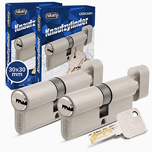GERCAR Pro Knaufzylinder 30/30 Massiver Schließzylinder gleichschließend mit Knauf - 2er Set Zylinderschloss aus Messing Matt Vernickelt - inkl. 10x Wendeschlüssel - Länge: 60 mm, A:30 B:30-2x