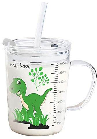 AKOGD Tasse à lait pour enfants avec paille, verre transparent 400 ml Apprendre boire une de formateur, jolie au micro-ondes un couvercle anti-fuite tout-petit