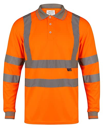 LIZZIE JACOBS Hi Viz High Visibility Long Sleeve Polo Shirts with Grey Collar and Hem Reflective Tape Safety Hi Vis Security Work Breathable Lightweight Workwear Tops (Large, Orange)