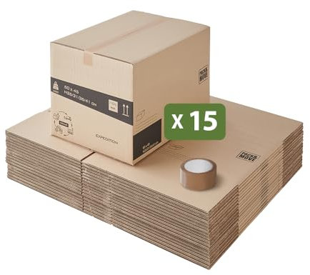 Pack and Move - Set mit 15 Umzugskartons, modulare Höhe: variabel und anpassbar - 60 x 45 x 31-41 cm - verstärkte Griffe - 1 gratis Kleber