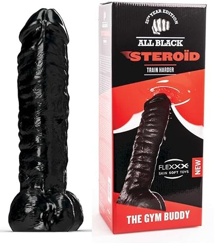 Dildo Steroid ” The Gym Buddy ” 32,5×7,3-9,0cm, schwarz, realistisches Hautweiches Flexxx Material, Unisex