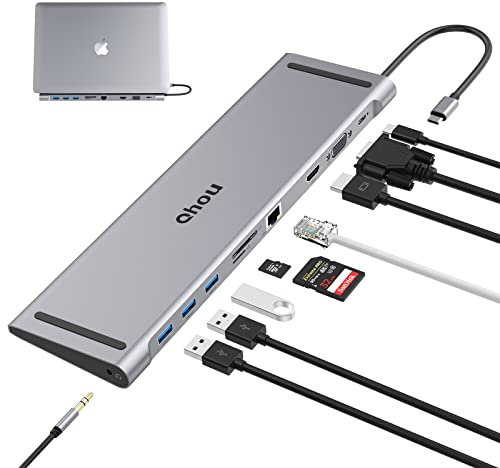 Docking Station USB C für MacBook M1, Qhou 10 in 1 USB C Hub Dual Monitor mit 4K HDMI, VGA, 3 USB 3.0, PD 100W, Ethernet, SD/TF Slots Kompatibel für MacBook und Windows